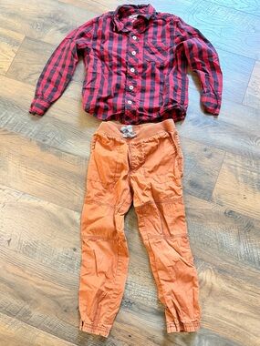 4T boys bundle lot: button down red flannel burnt orange brown pants